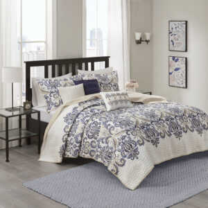 Cali 6 Piece Reversible Quilt Set with Throw Pillows in Navy/Tan From Madison Park