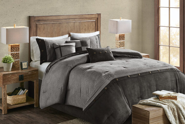 Boone 7 Piece Faux Suede Comforter Set in Grey From Madison Park