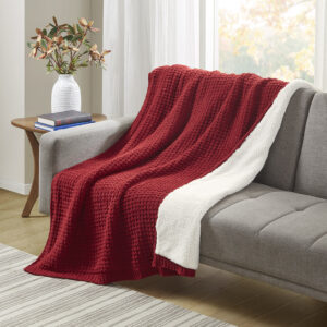 Rowan Waffle Knit Chenille Throw in Red From Madison Park