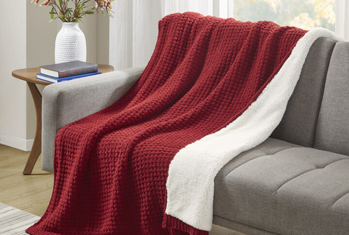 Rowan Waffle Knit Chenille Throw in Red From Madison Park