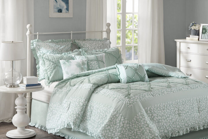 Mindy 9 Piece Cotton Percale Comforter Set in Seafoam From Madison Park