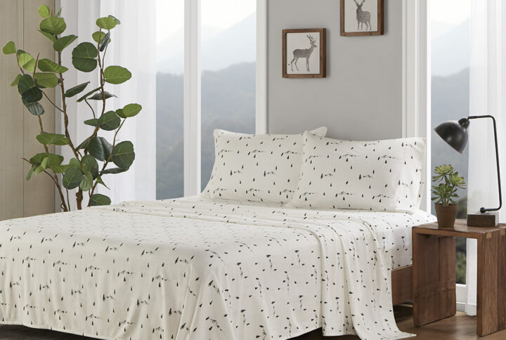 Cotton Flannel Sheet Set in Black Pine Trees From Woolrich