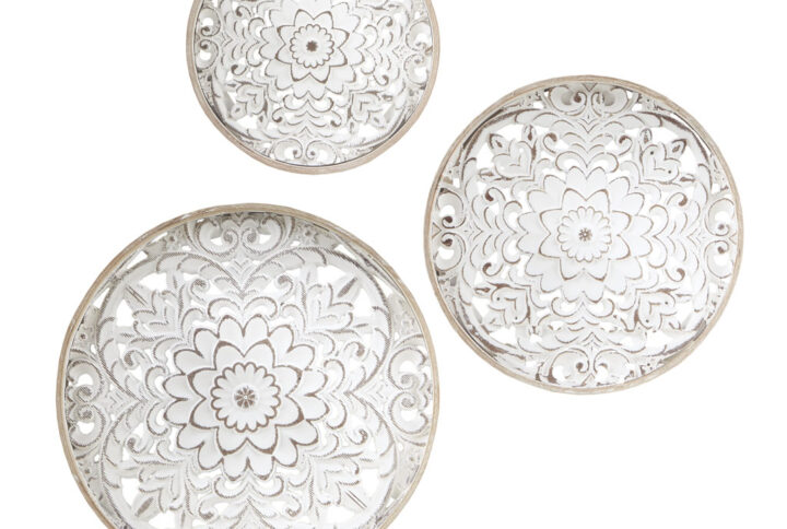 Medallion Trio Distressed White Floral 3-piece Carved Wood Wall Decor Set in Natural/White From Madison Park