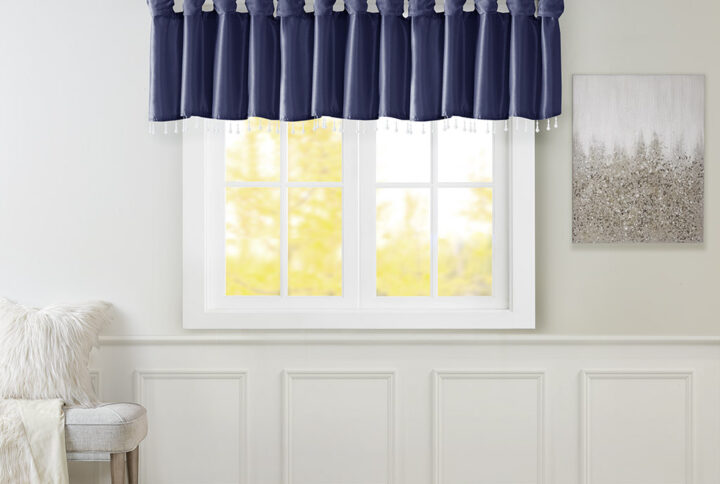 Emilia Lightweight Faux Silk Valance With Beads in Navy From Madison Park