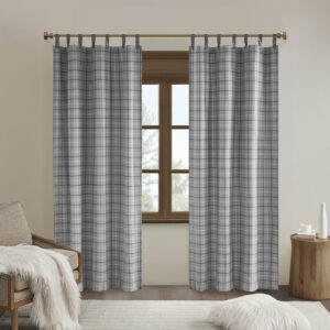 Anaheim Plaid Faux Leather Tab Top Curtain Panel with Fleece Lining in Grey From Madison Park