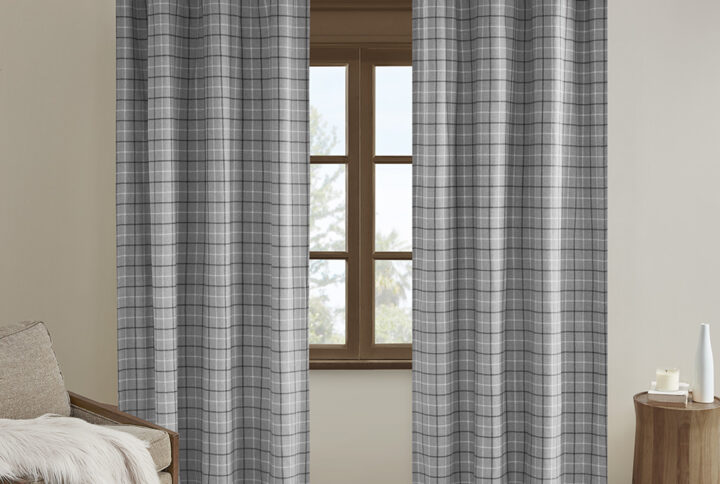 Anaheim Plaid Faux Leather Tab Top Curtain Panel with Fleece Lining in Grey From Madison Park