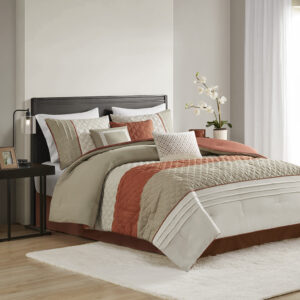 Greer 7 Piece Color Block Stripe Comforter Set with Throw Pillows in Spice From Madison Park