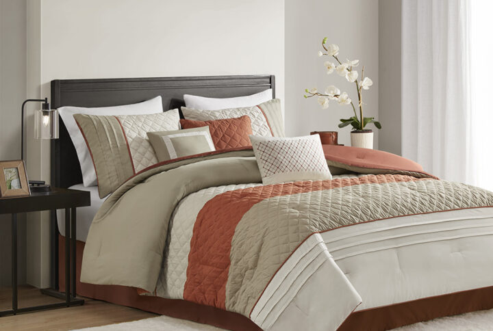 Greer 7 Piece Color Block Stripe Comforter Set with Throw Pillows in Spice From Madison Park