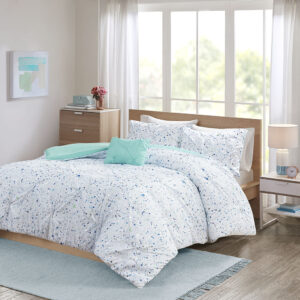 Abby Metallic Printed and Pintucked Duvet Cover Set in Aqua blue From Intelligent Design