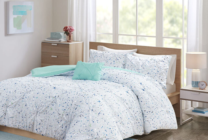 Abby Metallic Printed and Pintucked Duvet Cover Set in Aqua blue From Intelligent Design