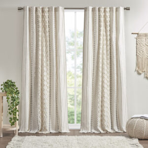 Imani Cotton Printed Curtain Panel with Chenille Stripe and Lining in Ivory From INK+IVY