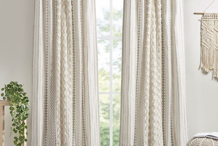 Imani Cotton Printed Curtain Panel with Chenille Stripe and Lining in Ivory From INK+IVY