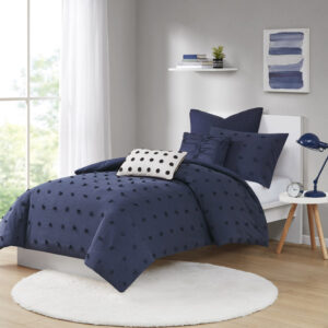 Brooklyn Cotton Jacquard Duvet Cover Set with Euro Shams and Throw Pillows in Navy From Urban Habitat