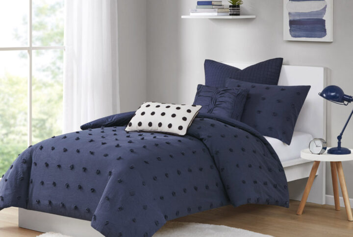 Brooklyn Cotton Jacquard Duvet Cover Set with Euro Shams and Throw Pillows in Navy From Urban Habitat