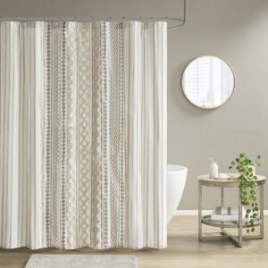 Imani Cotton Printed Shower Curtain with Chenille in Ivory From INK+IVY