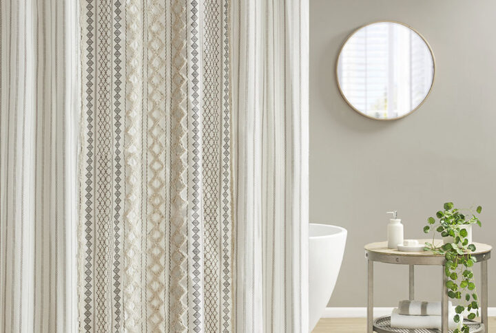 Imani Cotton Printed Shower Curtain with Chenille in Ivory From INK+IVY