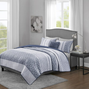 Bennett 4 Piece Jacquard Quilt Set with Throw Pillow in Navy From Madison Park