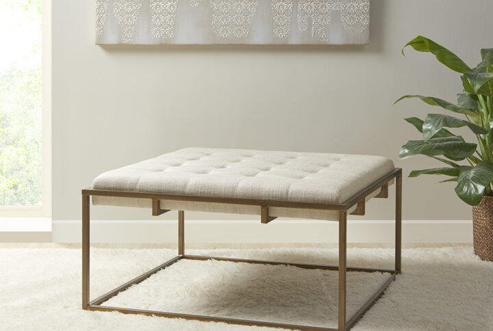 Greenwich Square Shape Button-tufted Upholstered Metal Base Ottoman/Coffee Table in Ivory From Madison Park