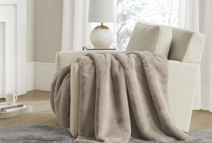 Bristol Solid Premium Faux Fur Throw in Tan From Madison Park