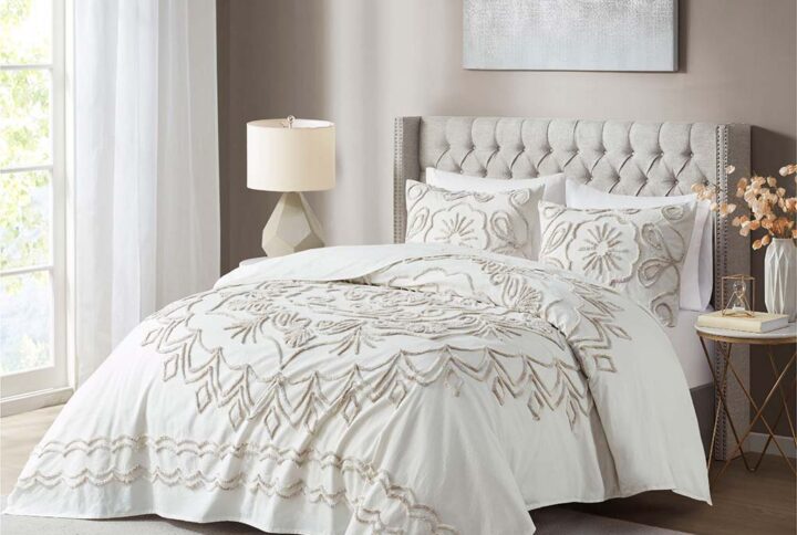 Violette 3 Piece Tufted Cotton Chenille  Coverlet Set in Ivory/Taupe From Madison Park