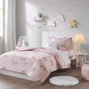 Alicia Rainbow and Metallic Stars Comforter Set with Bed Sheets in Pink From Mi Zone Kids