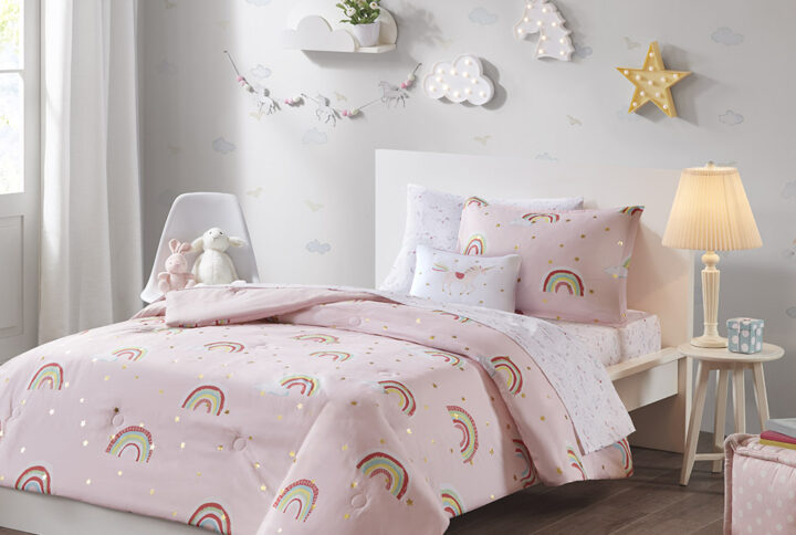 Alicia Rainbow and Metallic Stars Comforter Set with Bed Sheets in Pink From Mi Zone Kids