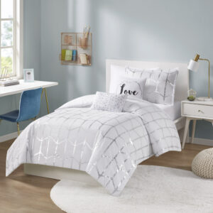 Raina Metallic Printed Comforter Set in White/Silver From Intelligent Design