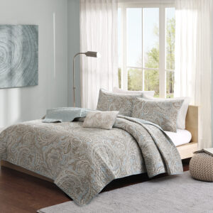 Ronan 4 Piece Cotton Quilt Set with Trhow Pillow in Blue From Madison Park Pure