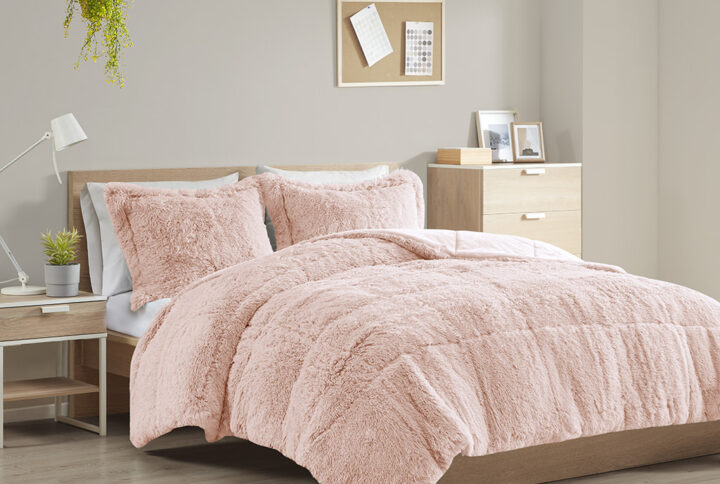 Malea Shaggy Long Fur Comforter Mini Set in Blush From Intelligent Design