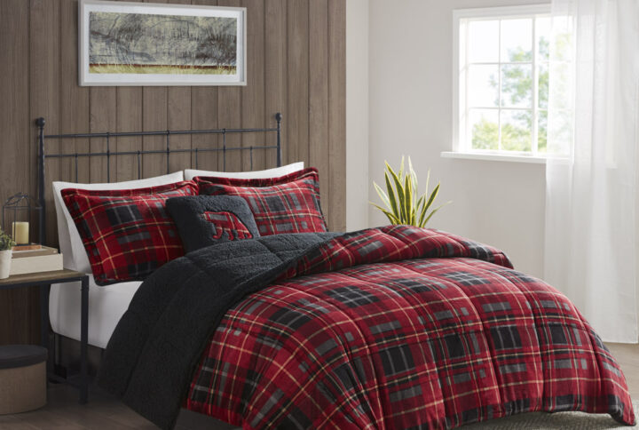 Alton Plush to Sherpa Down Alternative Comforter Set in Red Plaid From Woolrich