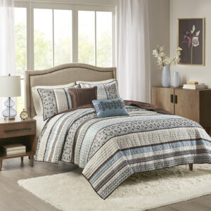 Princeton 5 Piece Jacquard Quilt Set with Throw Pillows in Blue From Madison Park