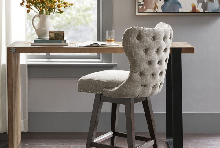 Hancock High Wingback Button Tufted Upholstered 27" Swivel Counter Stool with Nailhead Accent in Camel/Brown From Madison Park