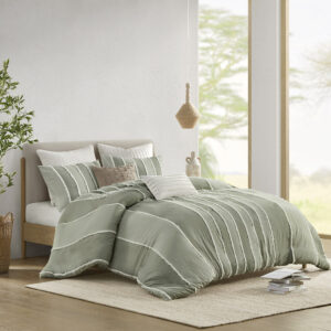 Shay 3 Piece Striped Cotton Duvet Cover Set in Sage From INK+IVY