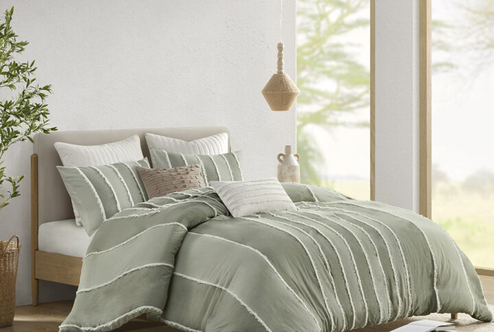 Shay 3 Piece Striped Cotton Duvet Cover Set in Sage From INK+IVY