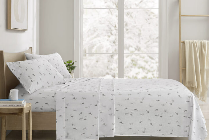 Cozy Cotton Flannel Printed Sheet Set in Gray Skiers From True North by Sleep Philosophy