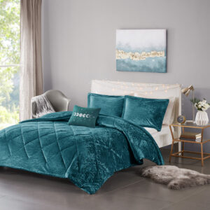 Felicia Velvet Duvet Cover Set with Throw Pillow in Teal From Intelligent Design