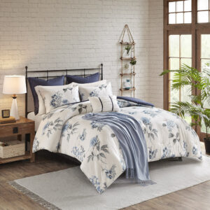 Zennia 7 Piece Printed Seersucker Comforter Set with Throw Blanket in Blue From Madison Park