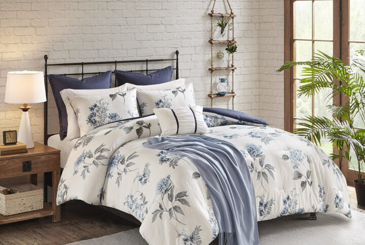 Zennia 7 Piece Printed Seersucker Comforter Set with Throw Blanket in Blue From Madison Park