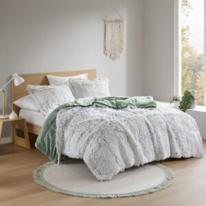 Malea Shaggy Faux Fur Comforter Mini Set in Green/White From Intelligent Design