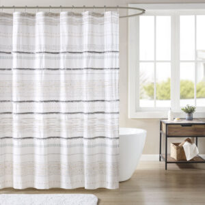 Nea Cotton Printed Shower Curtain with Trims in Off White/Gray From INK+IVY