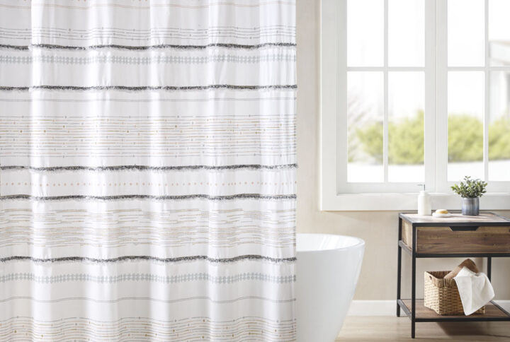 Nea Cotton Printed Shower Curtain with Trims in Off White/Gray From INK+IVY