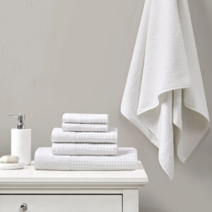 Spa Waffle Cotton Waffle Jacquard Antimicrobial Bath Towel 6 Piece Set in White From Madison Park