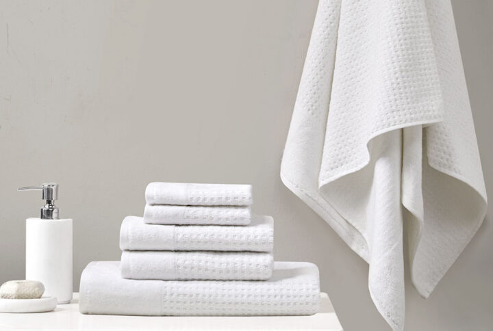 Spa Waffle Cotton Waffle Jacquard Antimicrobial Bath Towel 6 Piece Set in White From Madison Park