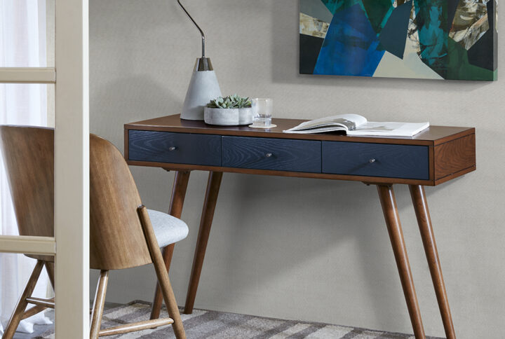 Rigby 3 Drawer Writing Desk in Pecan/Blue From Madison Park