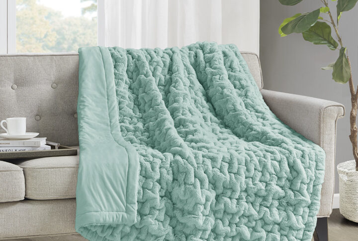 Ruched Fur Throw in Aqua From Madison Park