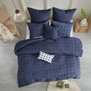 Brooklyn Cotton Jacquard Duvet Cover Set with Euro Shams and Throw Pillows in Navy From Urban Habitat