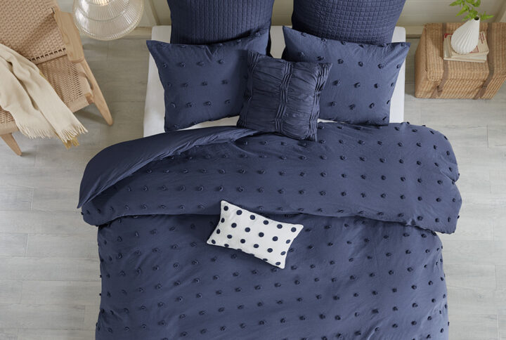 Brooklyn Cotton Jacquard Duvet Cover Set with Euro Shams and Throw Pillows in Navy From Urban Habitat