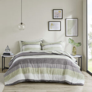 Jaxon Stripe Comforter Set with Bed Sheets in Green/Grey From Madison Park Essentials