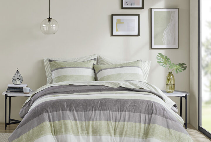 Jaxon Stripe Comforter Set with Bed Sheets in Green/Grey From Madison Park Essentials