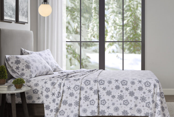 Micro Fleece Sheet Set in Grey Snowflake From True North by Sleep Philosophy